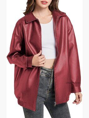 Faux Leather Moto Biker Jacket Oversized Bomber Coat Outerwear